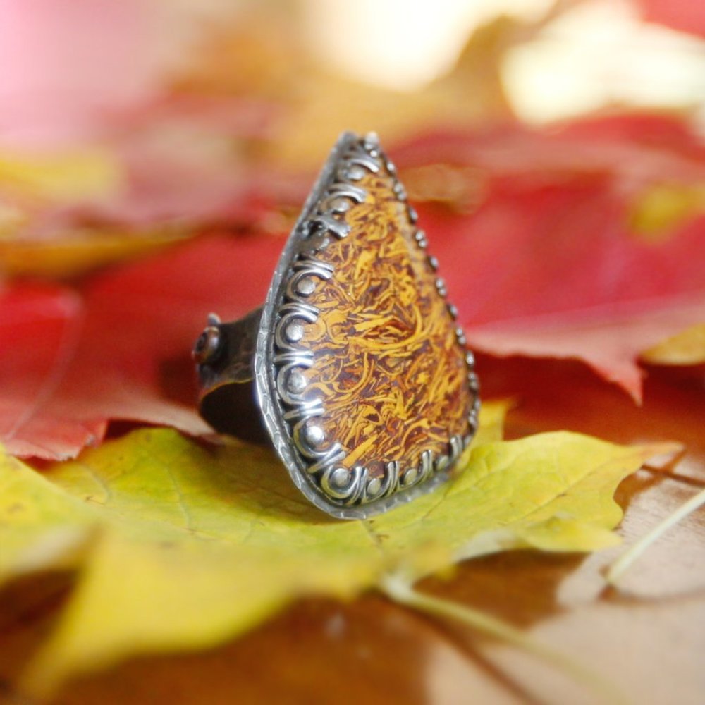 Script stone and sterling silver ring